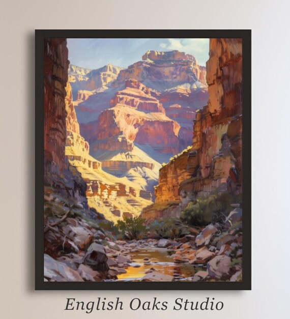 Vintage Southwestern Desert Small River And Mountains Landscape Painting Neutral Arizona Desert Wall Art