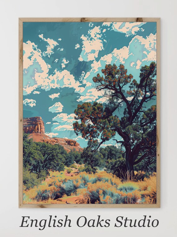 Red Rock Mesa Desert Juniper Tree Turquoise Sky Pop Art Landscape Poster
