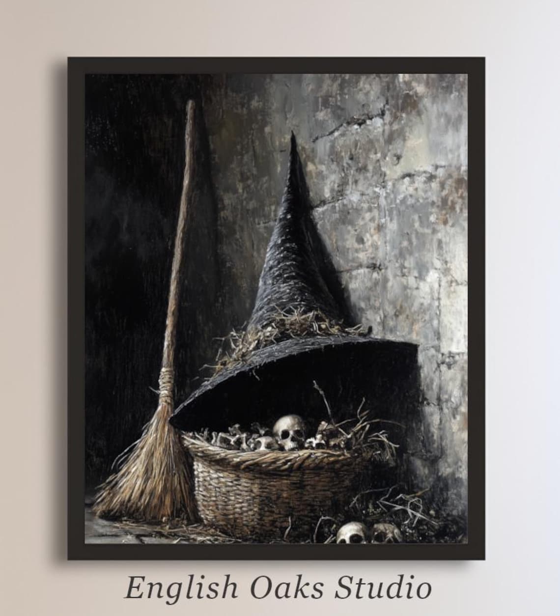 Moody Vintage Halloween Witch Hat Broom And Skulls Art Print