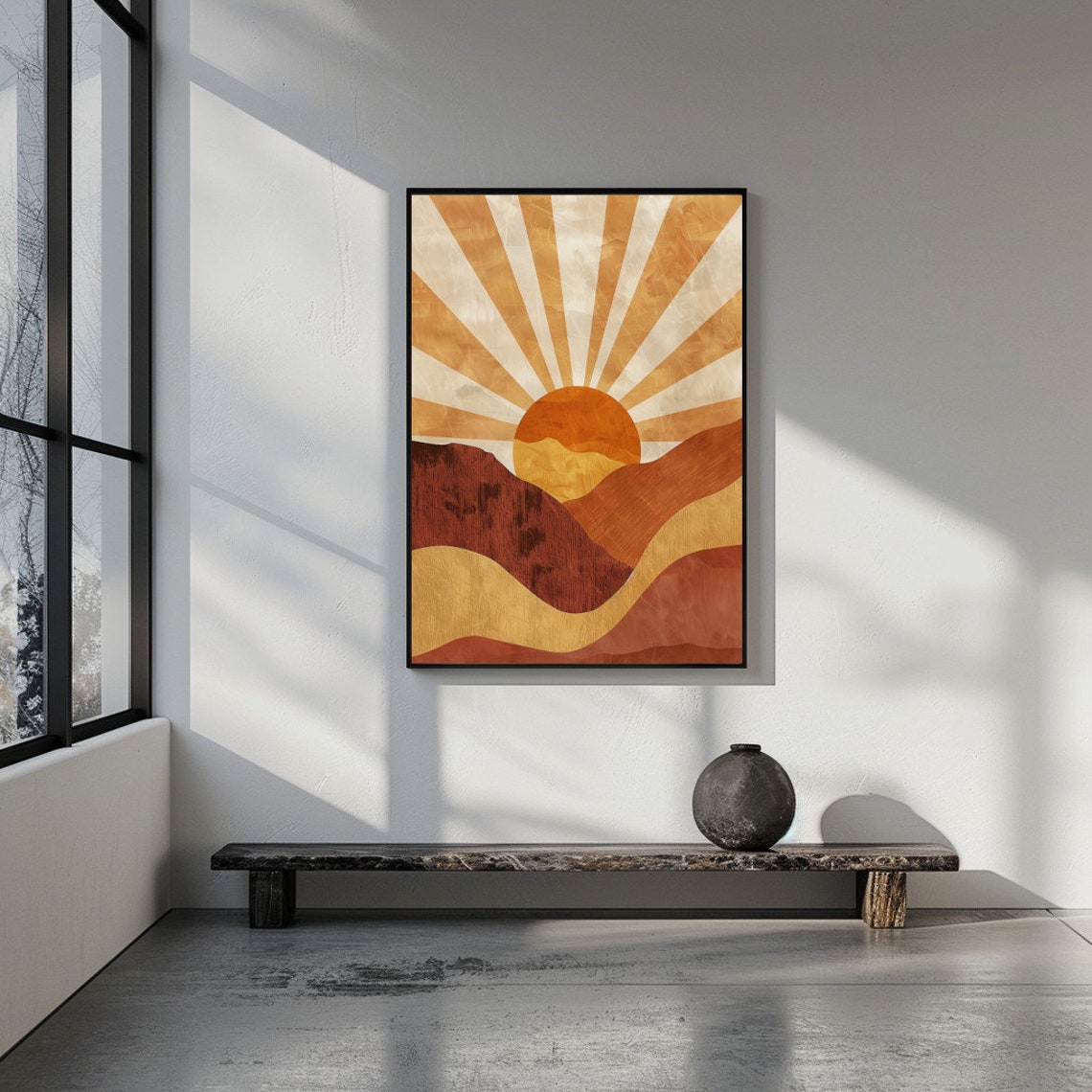 Mid Century Modern Abstract Sunset Over Desert Hills Sunburst Poster - Image 2