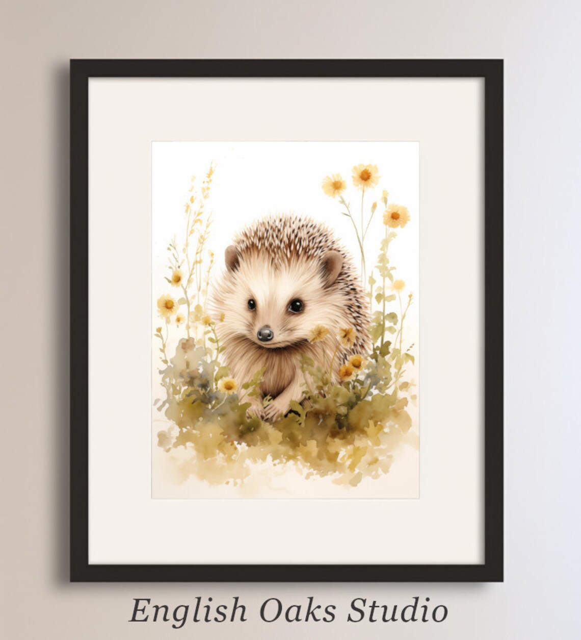 Hedgehog Watercolor Yellow Daisies Cute Woodland Nursery Poster