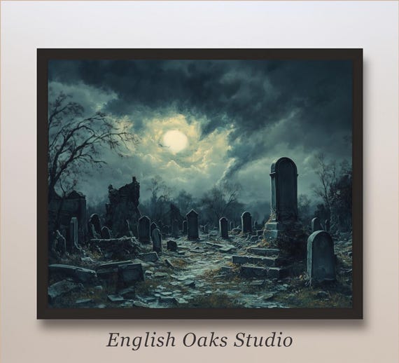 Dark Academia Goth Halloween Wall Art Haunted Cemetery Print Muted Neutral Moody Graveyard Painting 03