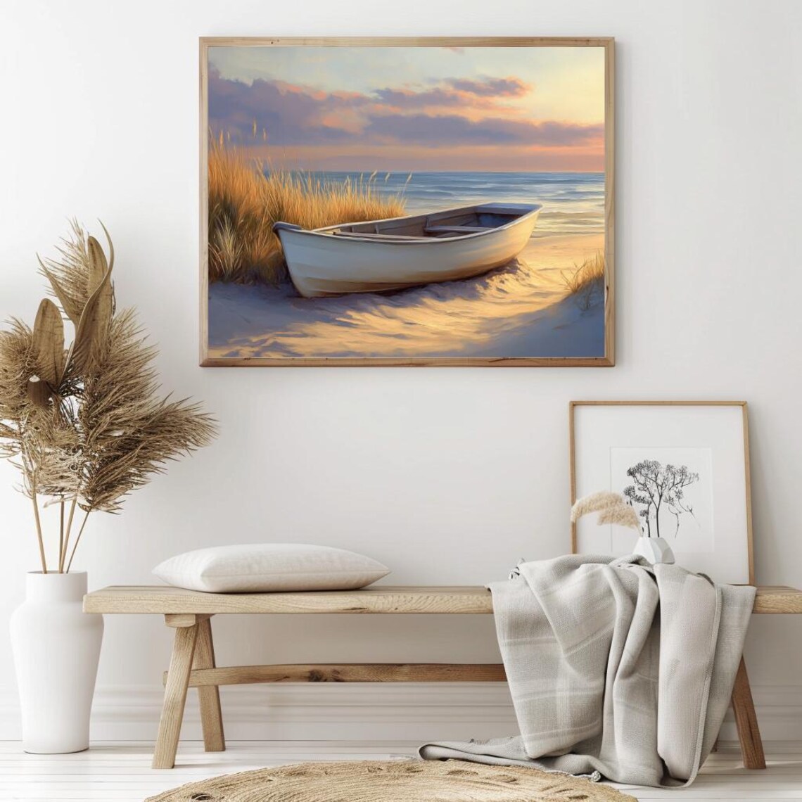 Wooden Rowboat On Sandy Beach At Sunset Coastal Seascape Painting Poster - Image 2