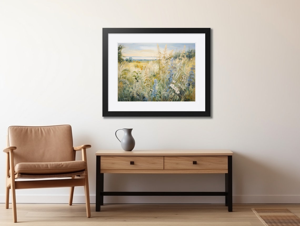 Summer Blue Wildflowers Field Landscape Oil Painting Vintage Farmhouse Field Of Flowers Wall Art - Image 2