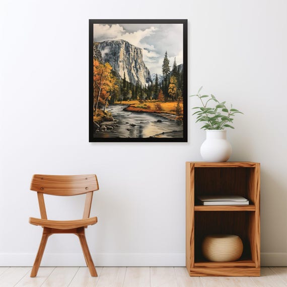 Fall Neutral Mountain Forest And River Landscape Print Moody Autumn Alpine Cottagecore Painting Rustic Vintage Landscape Wall Art