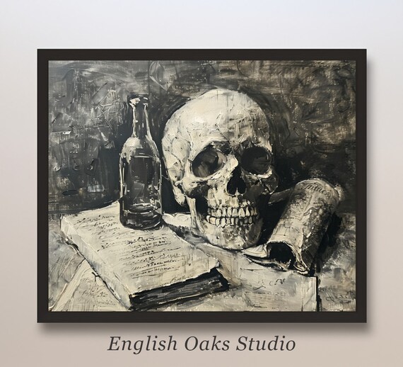 Skull with Bottle and Manuscript Black and White Memento Mori Art Poster