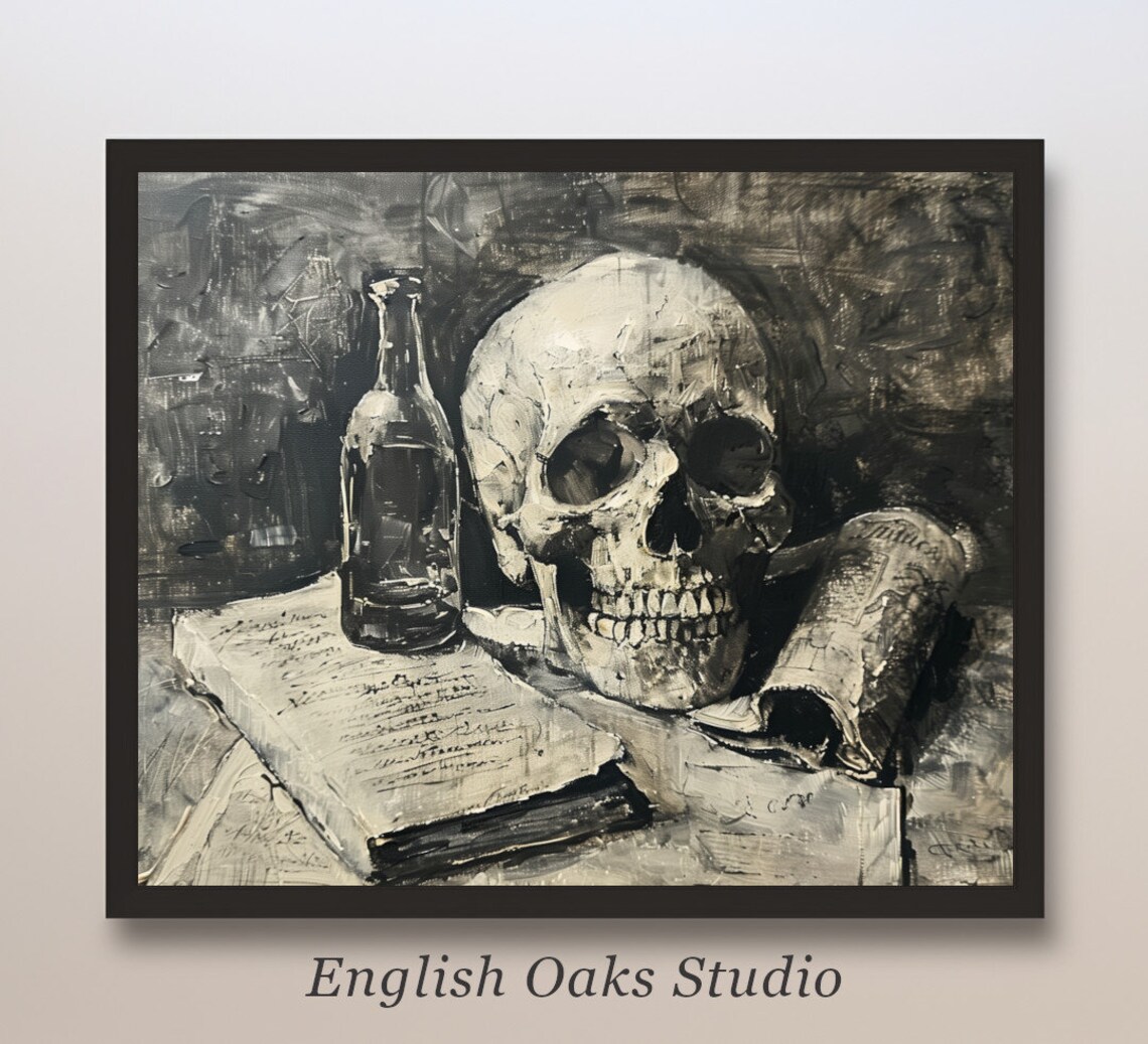 Skull with Bottle and Manuscript Black and White Memento Mori Art Poster