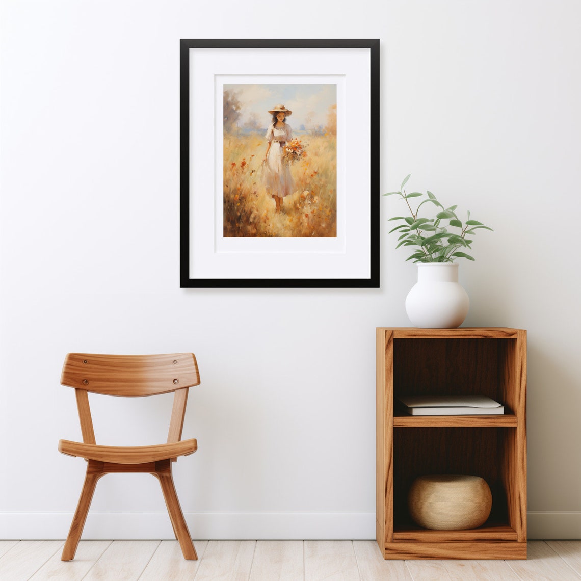 Vintage Landscape Wall Art Painting Of A Girl Walking Through A Field Of Wildflowers Late Summer Early Autumn Rustic Landscape Art Print - Image 2