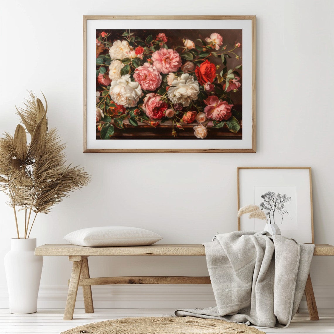 Pink White Red Roses Classical Still Life Dark Background Oil Poster - Image 2