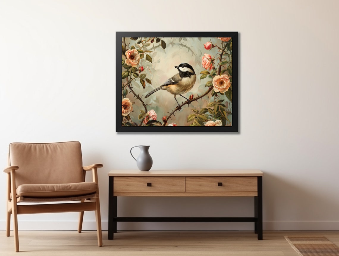 Chickadee Resting on Thorny Rose Branch Peach Blossoms Poster - Image 2