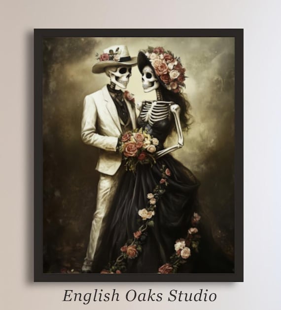 Day of the Dead Skeleton Couple Elegant Wedding Portrait Art Poster