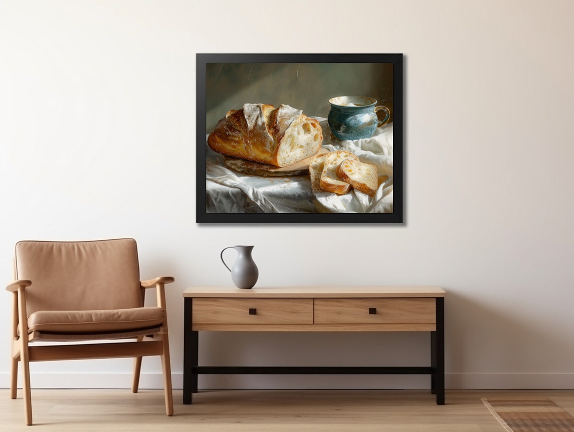 Rustic Bread Loaf Still Life Oil Painting Kitchen Art Poster - Image 2