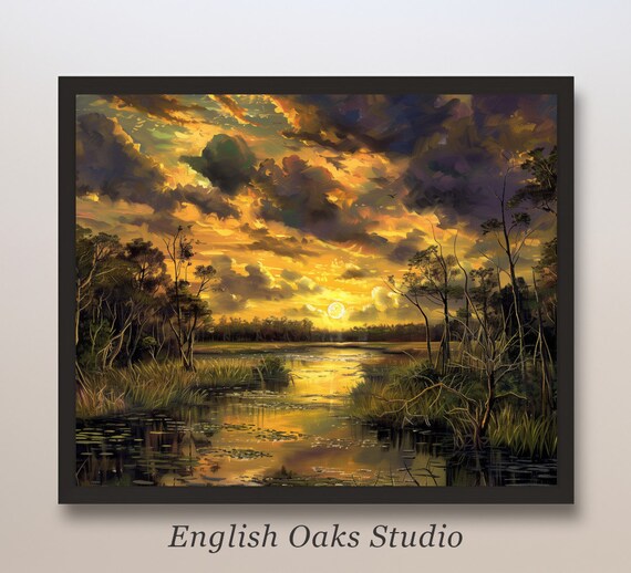 Dramatic Sunset Swamp Painting Golden Storm Clouds Water Poster