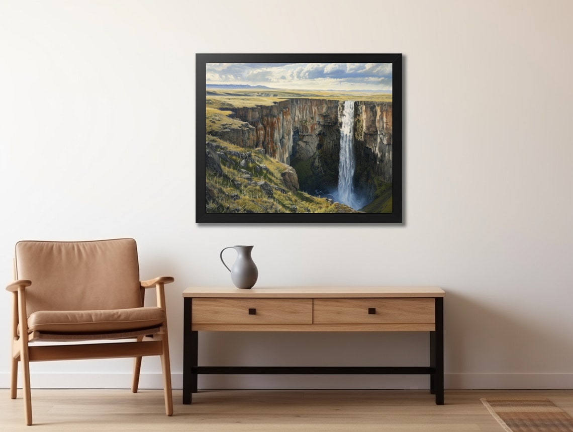 Tall Prairie Waterfall Painting Basalt Cliffs River Gorge Poster - Image 2