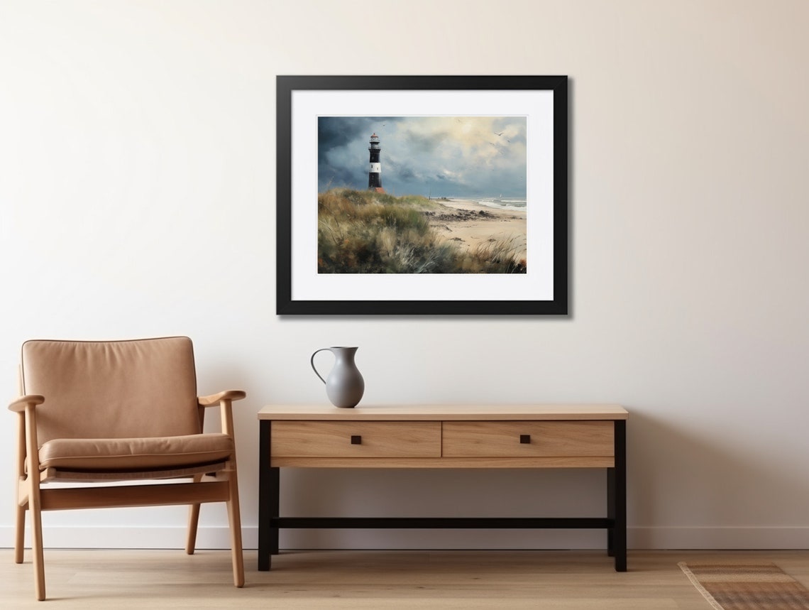 Black White Striped Lighthouse on Sandy Beach Dramatic Sky Wall Art - Image 2