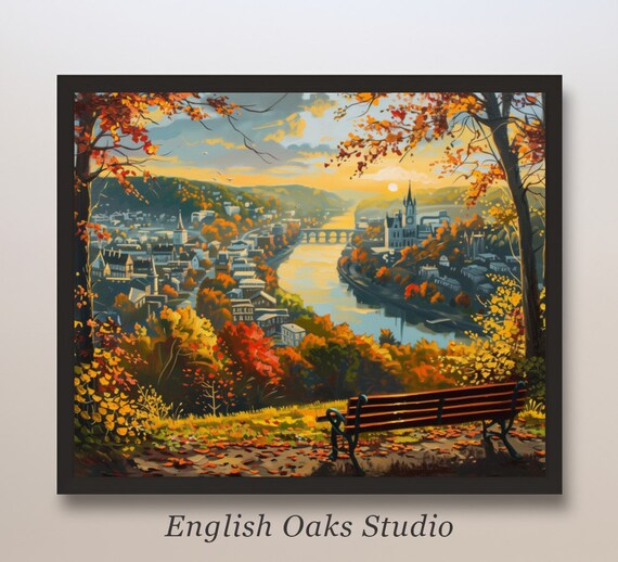Autumn City Overlook Park Bench River Bridge Golden Sunset Poster