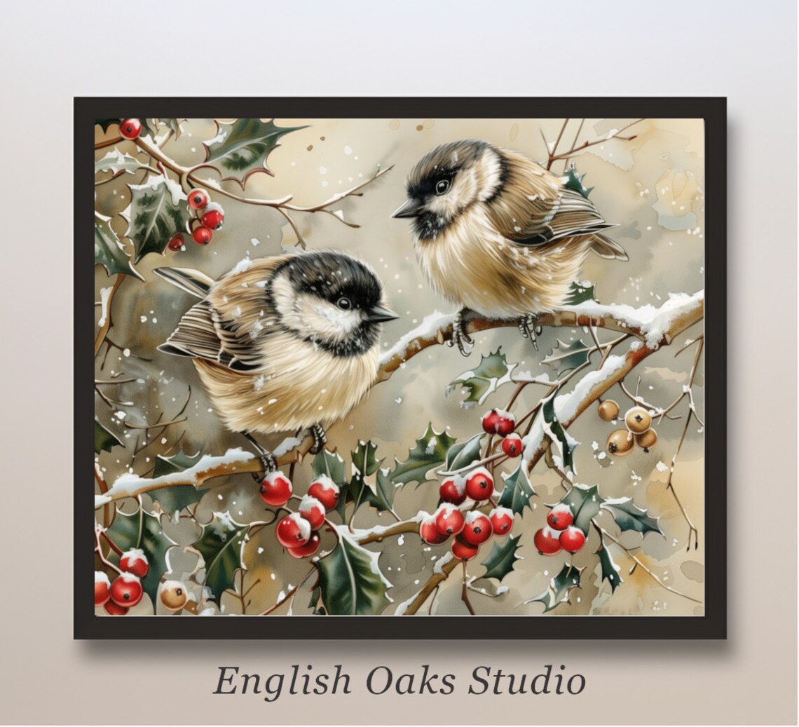 Winter Chickadees On Snowy Holly Branch Bird Painting Poster