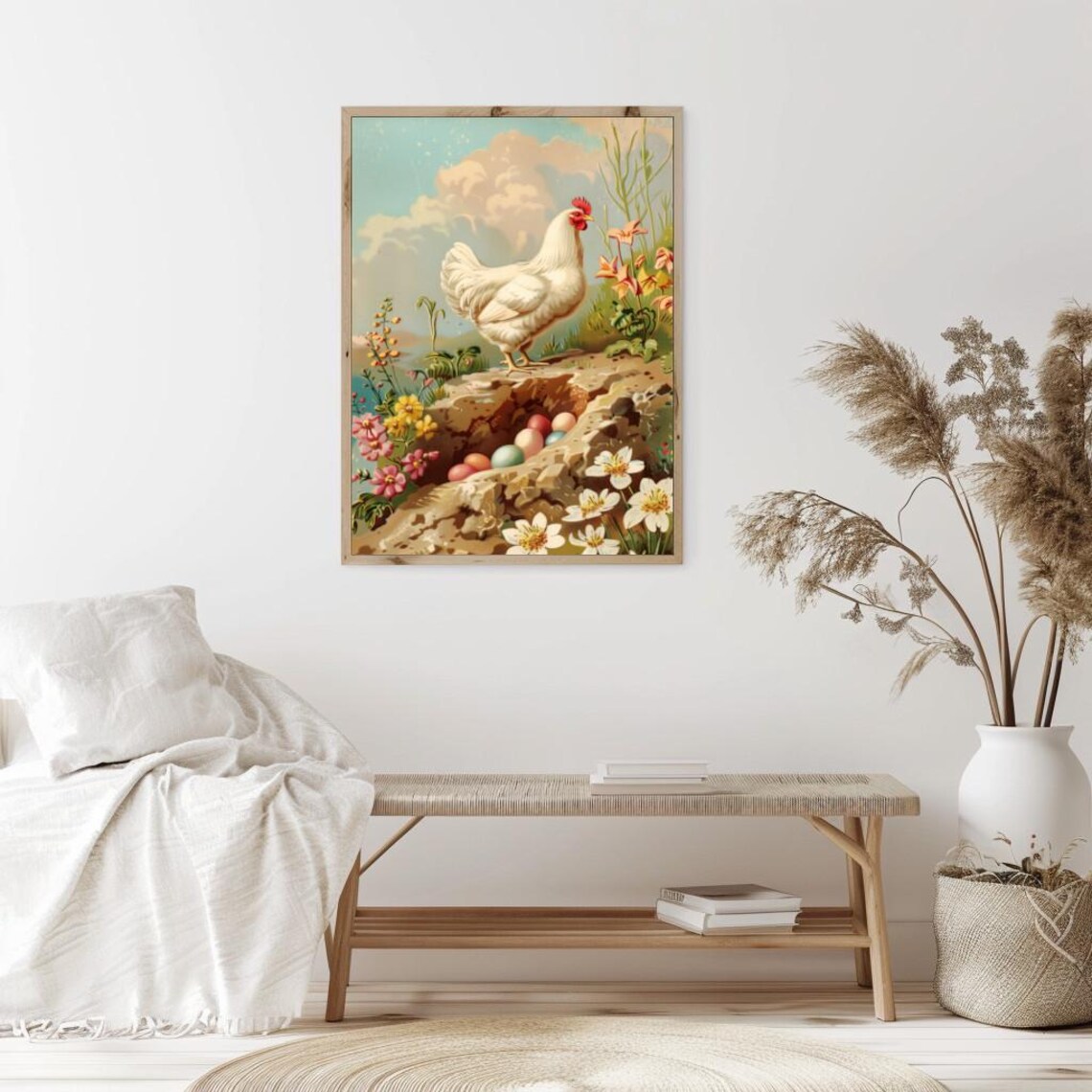 Vintage White Hen With Pastel Easter Eggs In Nest Spring Floral Art Poster - Image 2