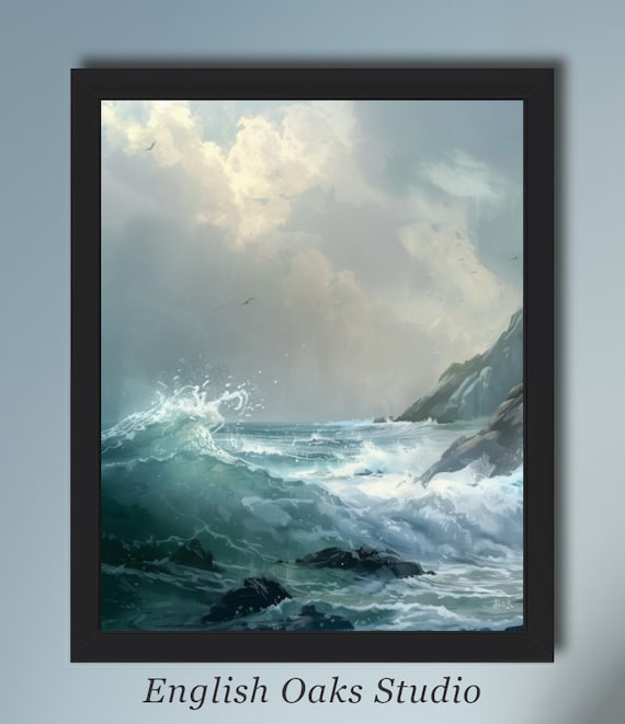 Moody Ocean Waves Crashing Rocky Cliff Misty Seascape Painting Poster