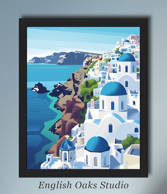 Santorini Greece Blue Domes Aegean Sea White Village Travel Poster