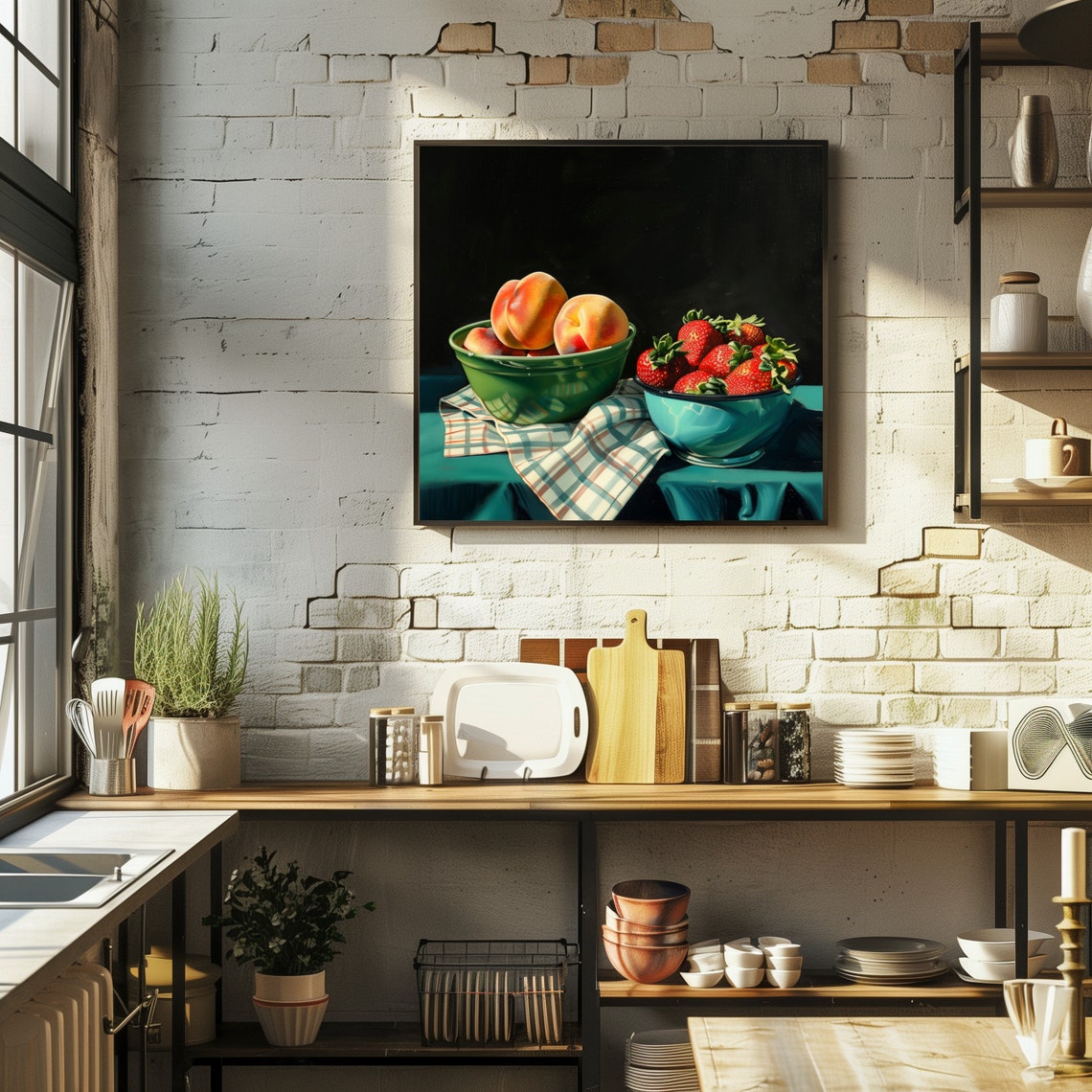 Vintage Farmhouse Strawberries In Blue Bowl And Peaches In Green Bowl On Kitchen Still Life Painting Moody Dark Fruits Food Art Print - Image 2