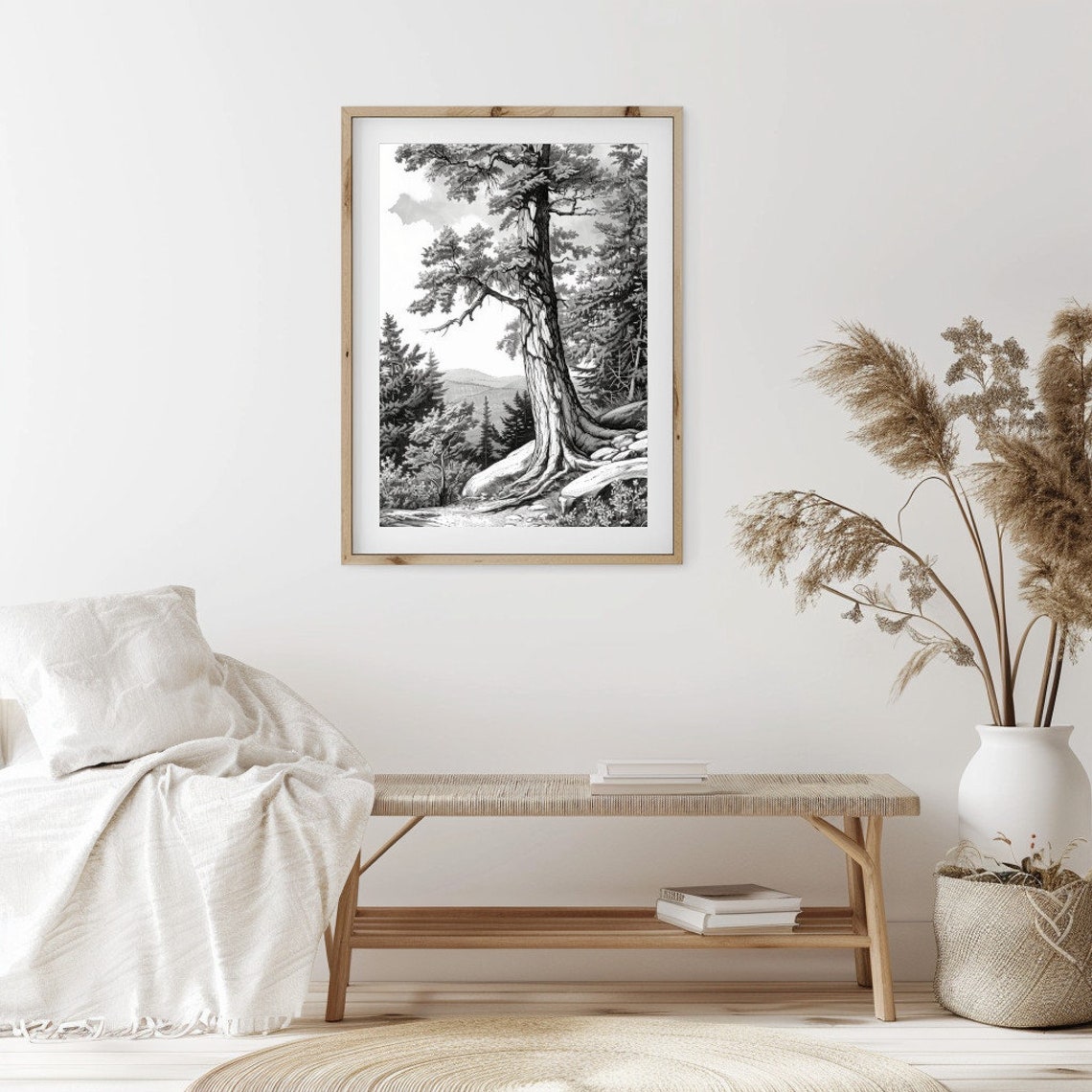 Rustic Neutral Forest Landscape Sketch Wall Art Vintage Landscape Drawing Wall Art 02 - Image 2