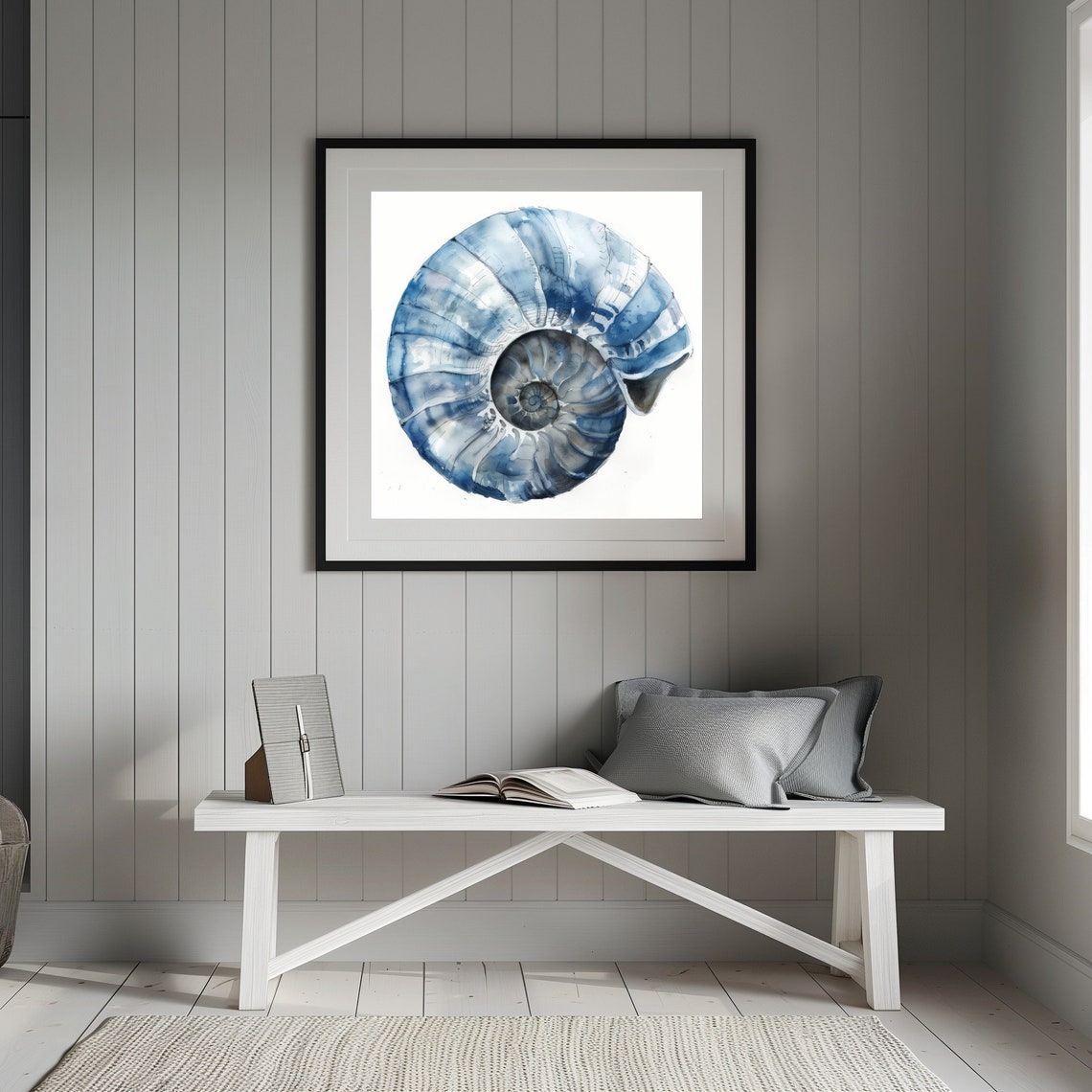 Blue Nautilus Shell Watercolor Spiral Seashell Coastal Beach Poster - Image 2