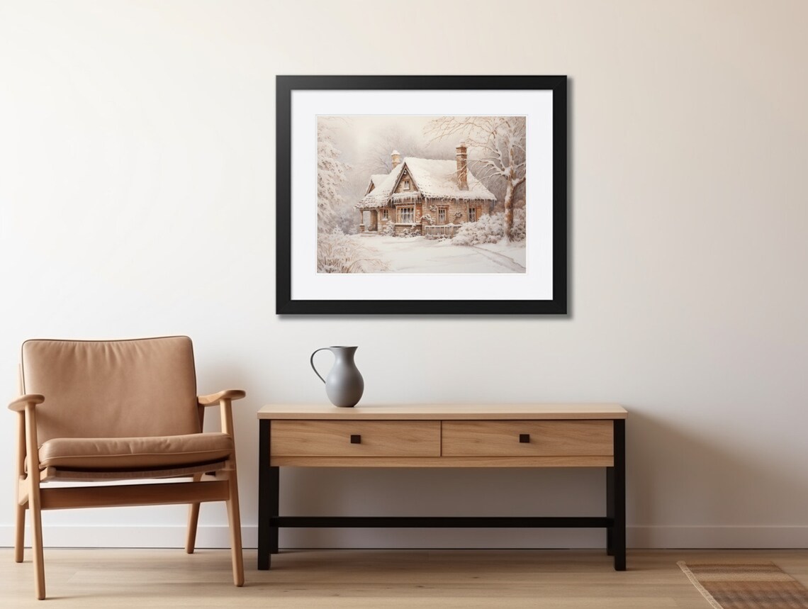 Cozy Stone Cottage with Snow Covered Roof Winter Evening Art Print - Image 2