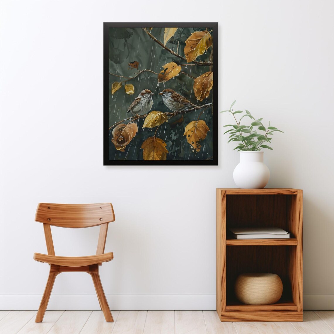 Two Sparrows in Rain Autumn Leaves Moody Branch Birds Botanical Poster - Image 2