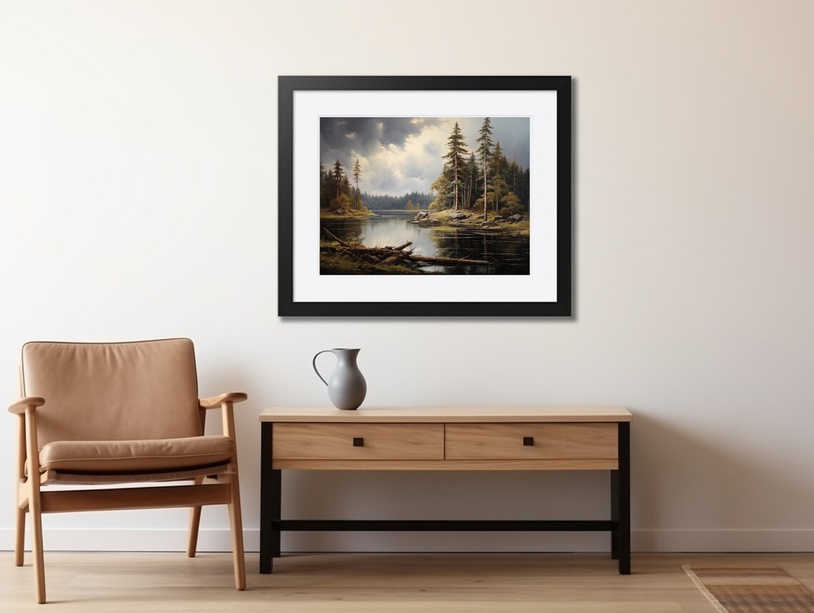 Moody Mountain Lake with Dark Evergreens Vintage Oil Painting Poster - Image 2