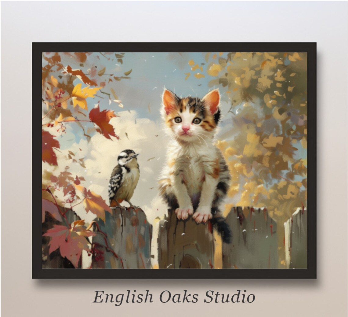 Cute Kitten and Small Bird on Fence with Autumn Leaves Poster