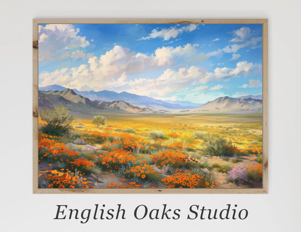 Desert Wildflower Bloom With Orange Poppies Under Big Blue Sky Poster