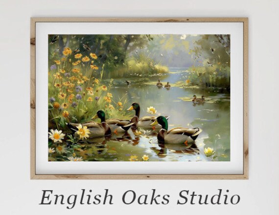 Mallard Ducks On A Spring Pond With Yellow Wildflowers Oil Painting Poster