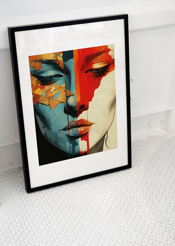 Abstract Woman Face Blue Orange Split Portrait Modern Colorful Art Poster
