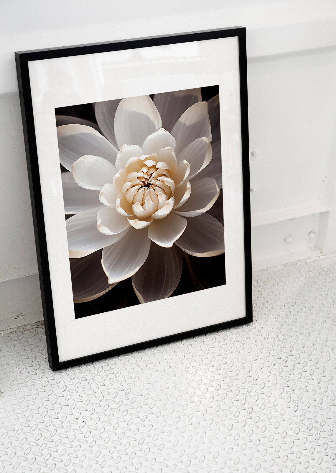 Dark Silver White Flower Macro Oil Painting Style Elegant Blossom Poster