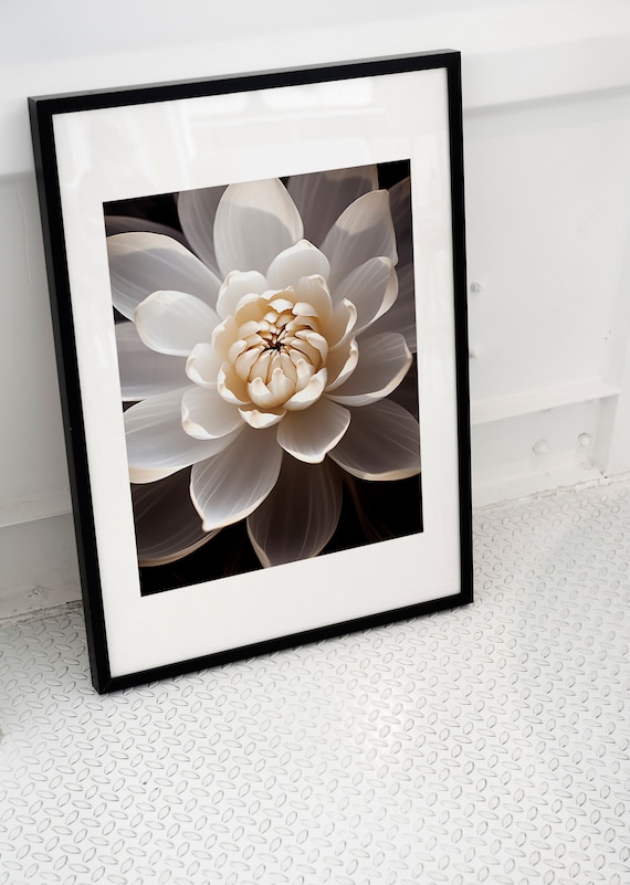Dark Silver White Flower Macro Oil Painting Style Elegant Blossom Poster