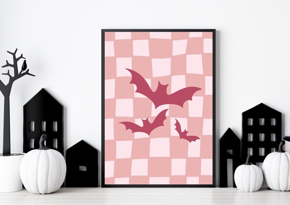 Checkered Pink Halloween Print Bats Wall Decoration Autumn Fall Home Decor Cute Bat For Art