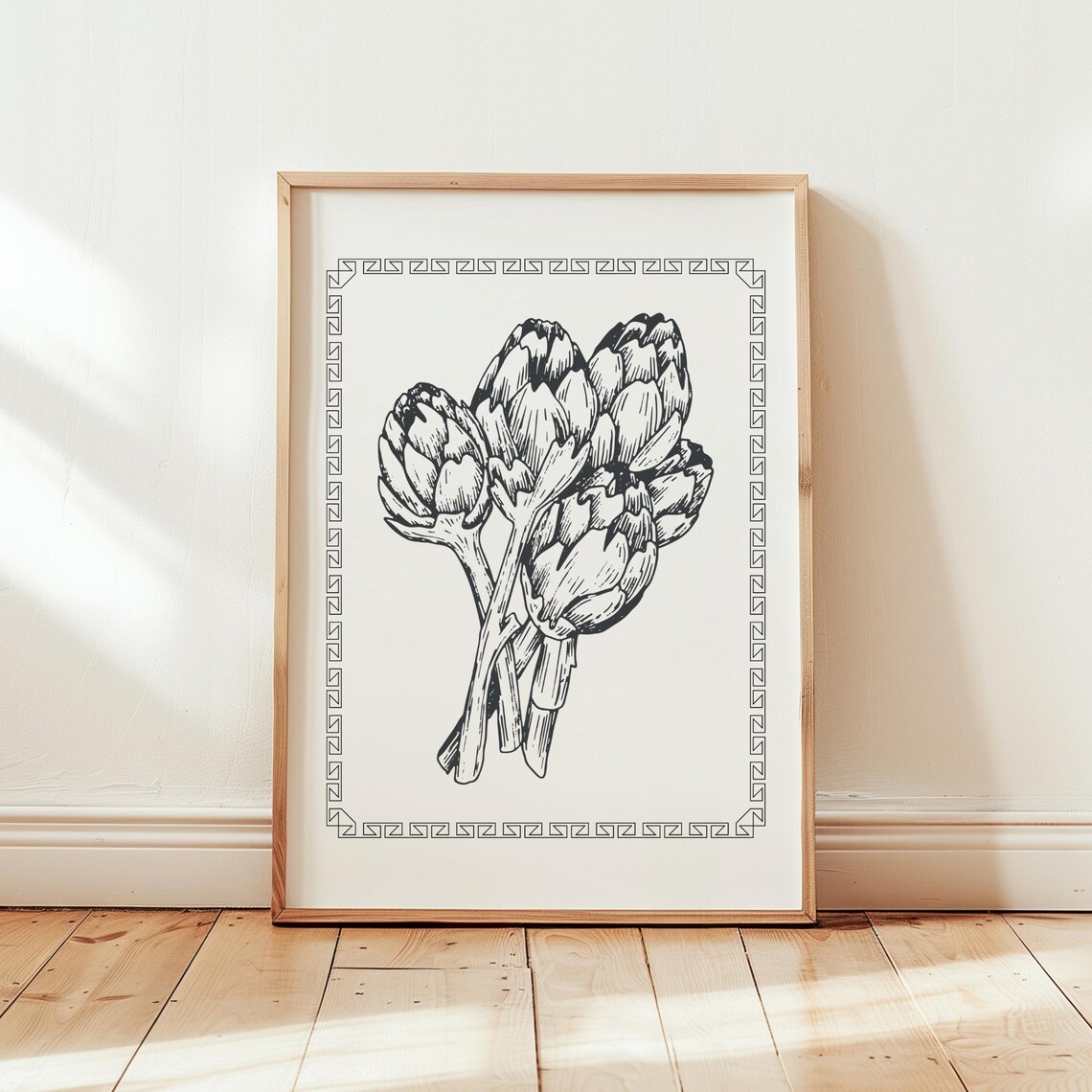 Antique Artichoke Botanical Line Drawing In Greek Key Kitchen Print
