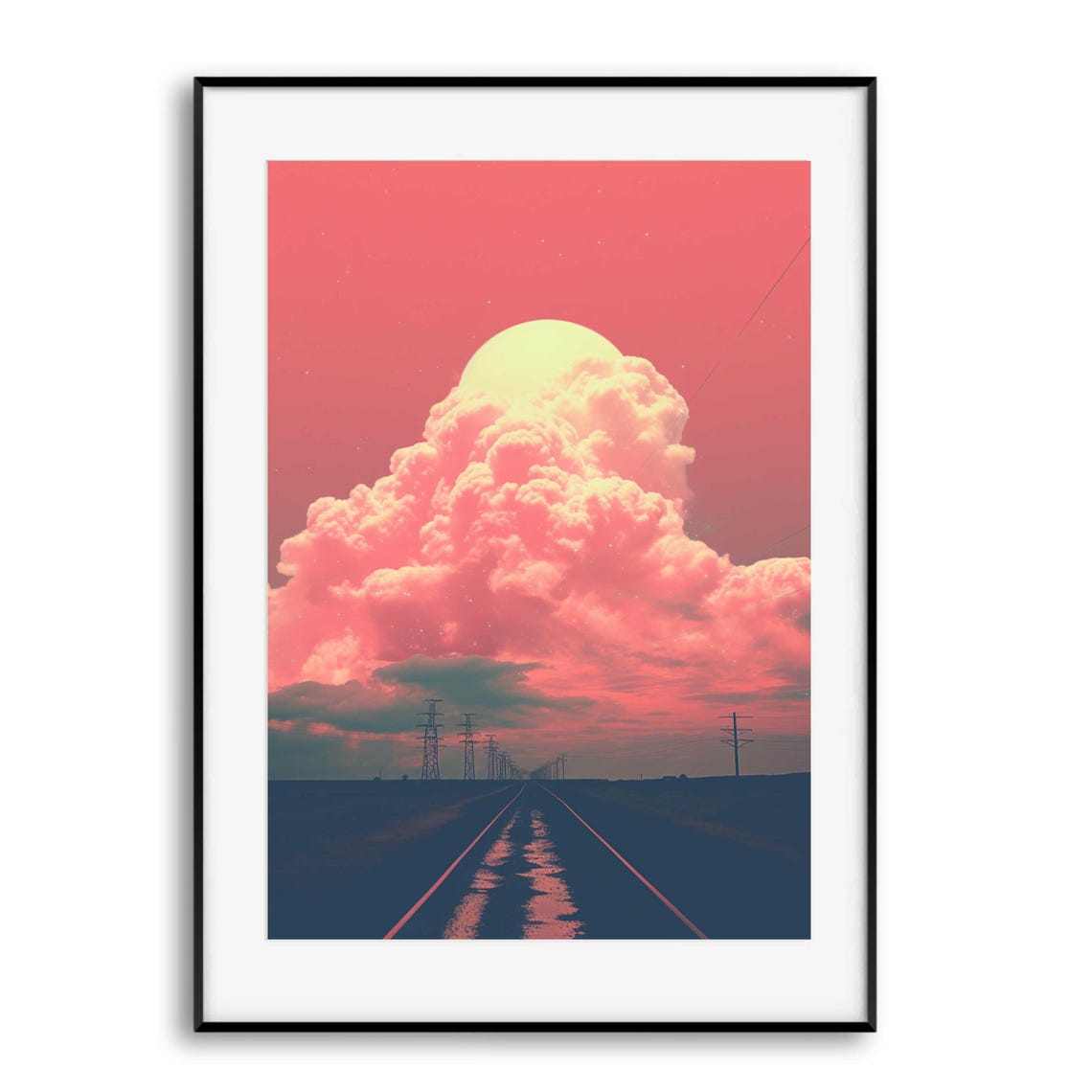 Surreal Pink Sunset Highway Road Art Poster with Giant Moon Cloud