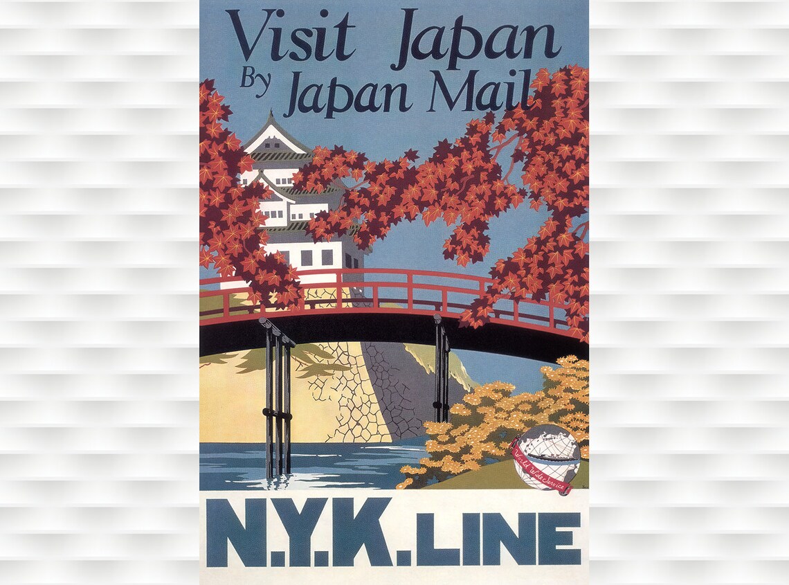 Visit Japan N Y K Line Japanese Castle Bridge Vintage Travel Poster