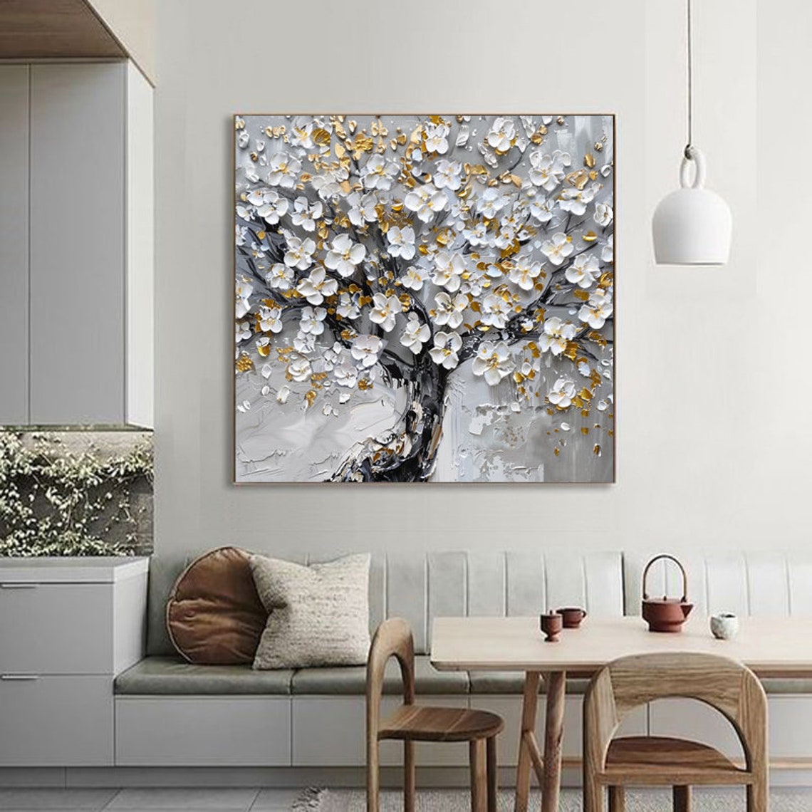 Tall White Cherry Blossom Tree With Golden Leaves Square Poster - Image 2
