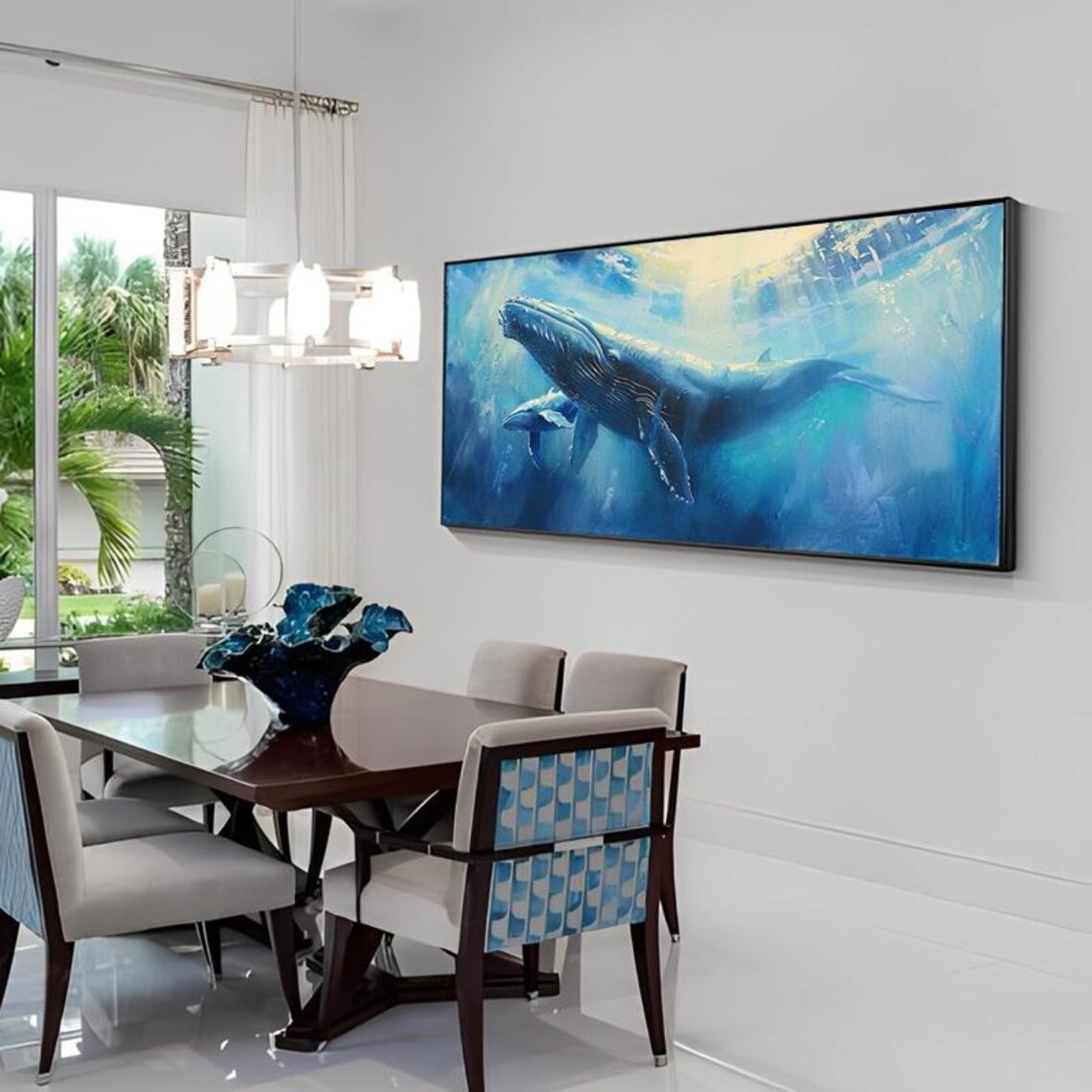 Abstract Blue Whale Ocean Art Print, Sunlit Oil Painting - Image 2