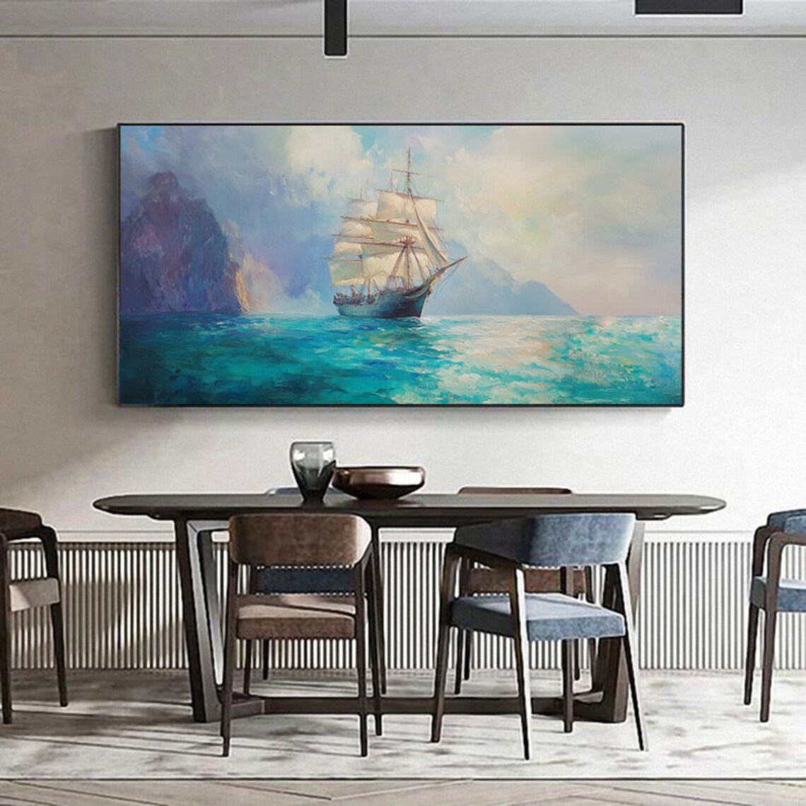 Tall Ship Sailing Turquoise Sea Past Rocky Coastline Panorama Poster - Image 4