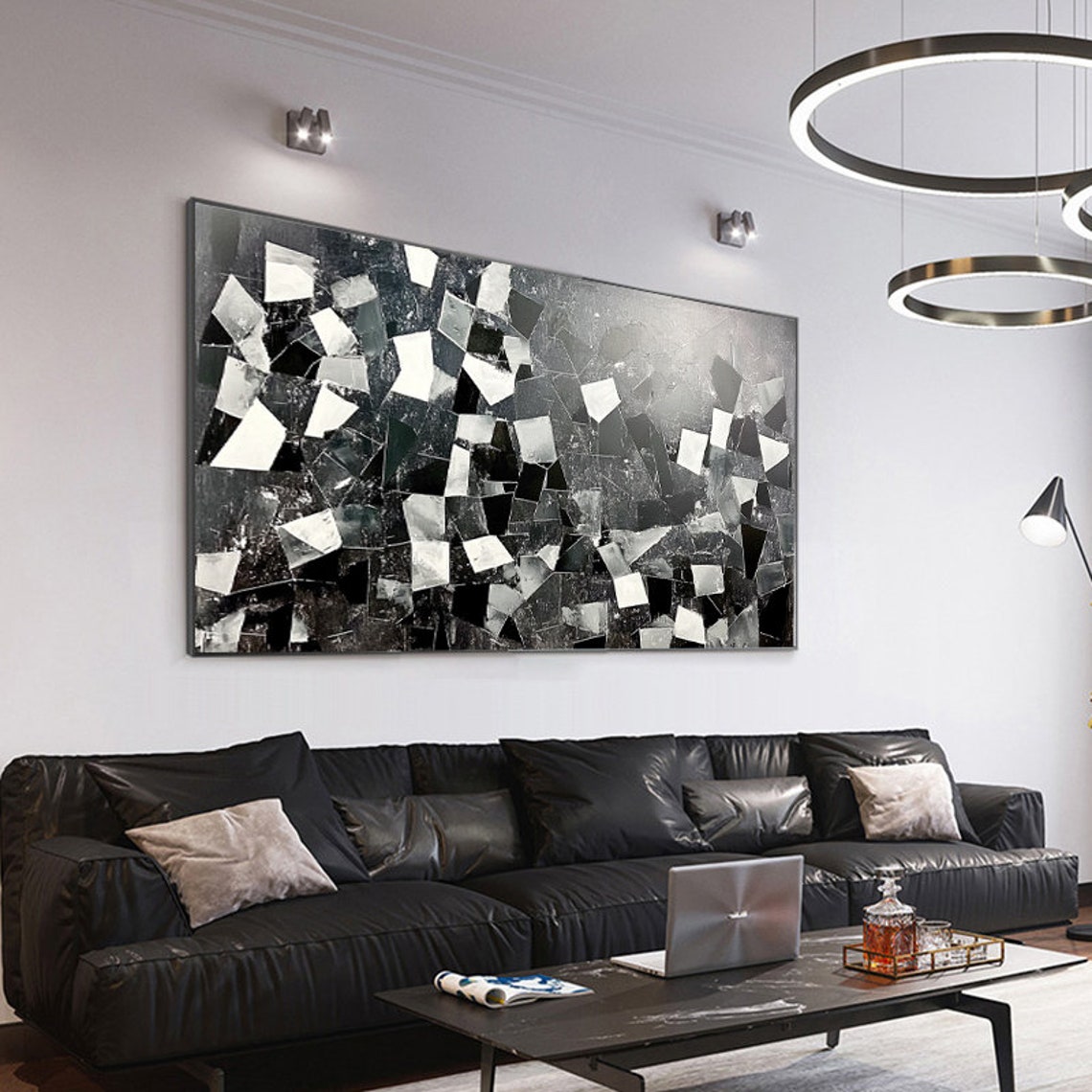 Black White Gray Geometric Abstract Shards Panoramic Modern Art Poster - Image 4