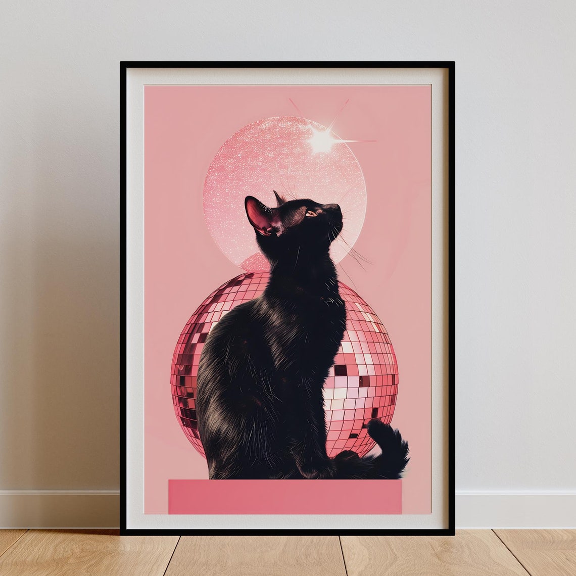 Black Cat Pink Disco Ball Sparkling Collage Poster Retro Glam Cat