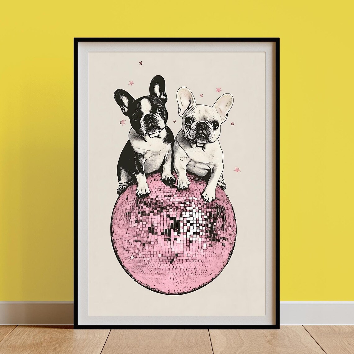French Bulldog Pair Perched on a Pink Disco Ball Starry Night Poster