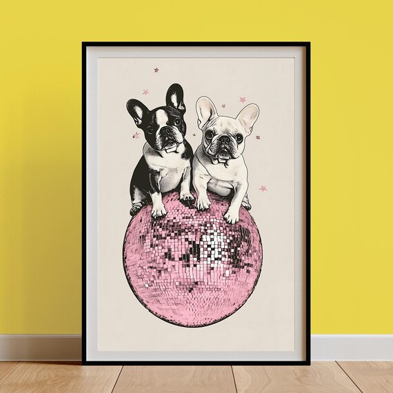 French Bulldog Pair Perched on a Pink Disco Ball Starry Night Poster