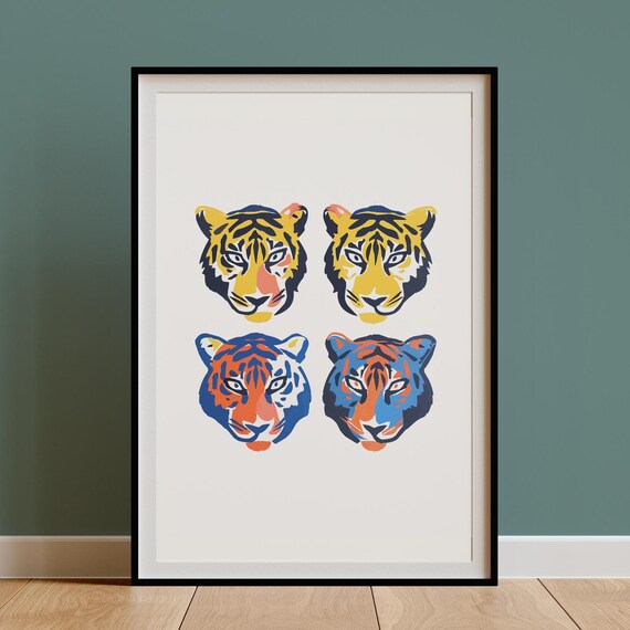 Four Pop Art Tiger Heads Yellow And Blue Grid Poster Big Cats Art