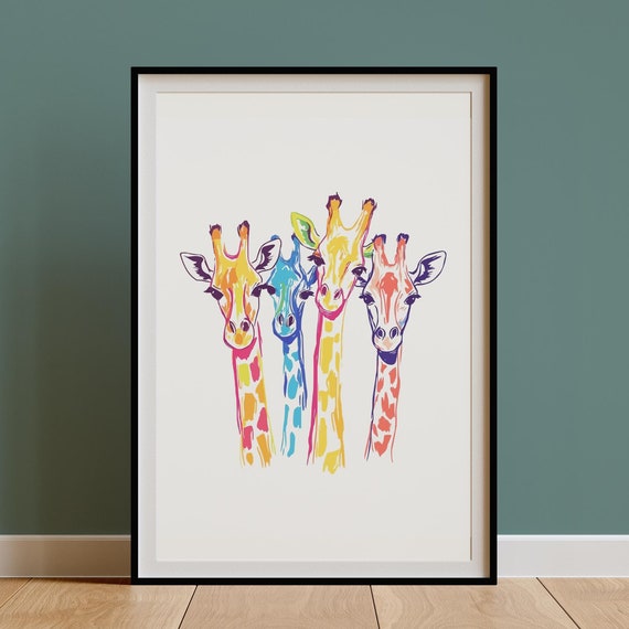 Cute Giraffes Wall Art Bright Giraffe Print Kids Room Matisse Bold Line Drawing Retro Eclectic African Animal Decor Maximalist Modern Print