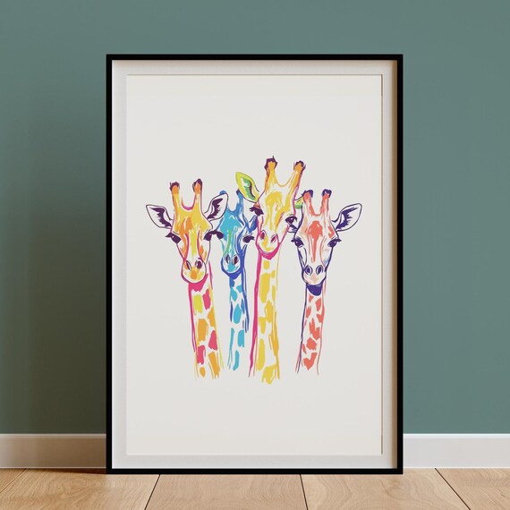 Four Long Neck Giraffes Bright Pop Color Row Poster Safari Decor